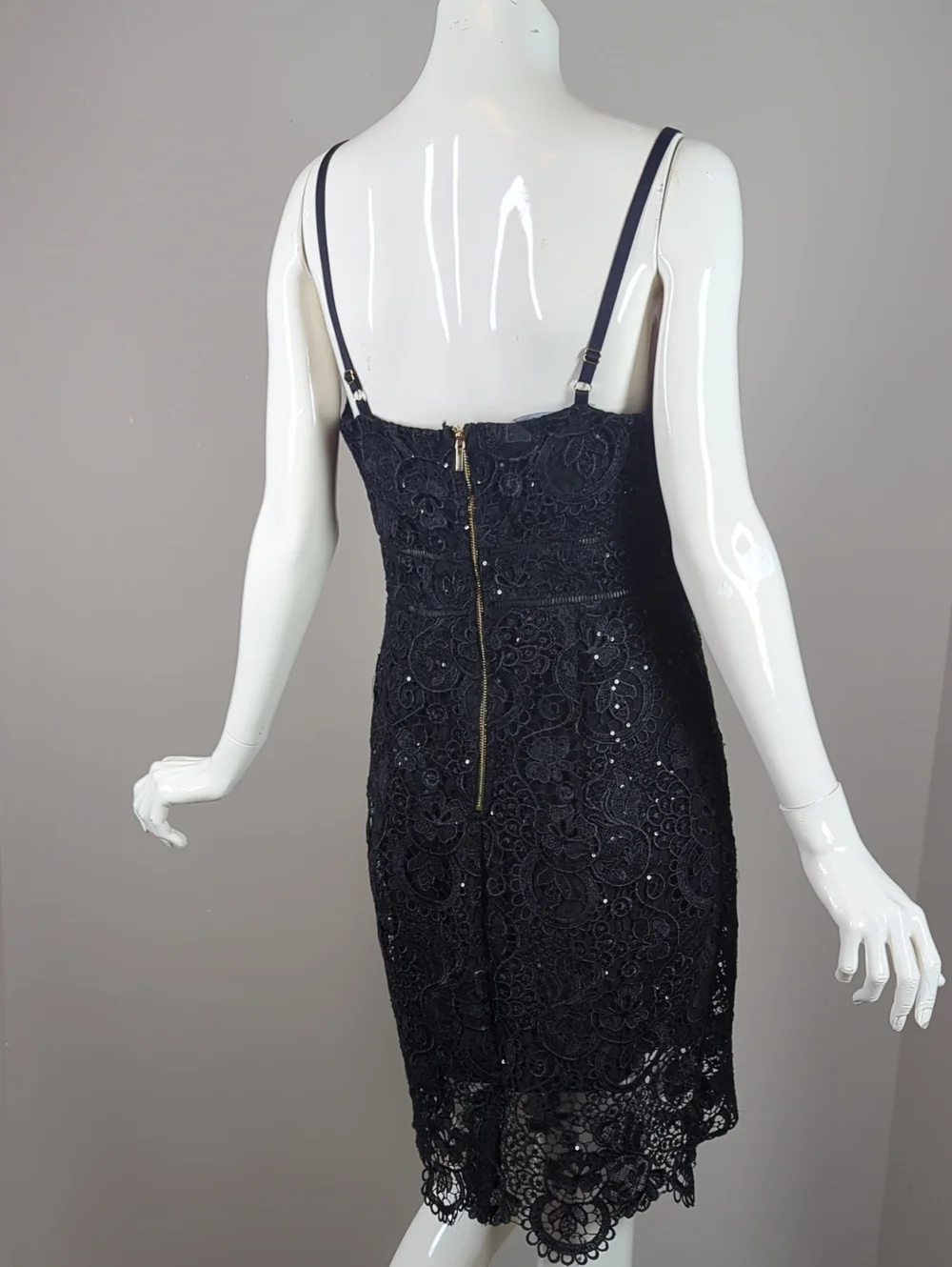 bebe Black Lace Sequin Spaghetti Strap Bodycon Dress Small - Picture 8 of 10